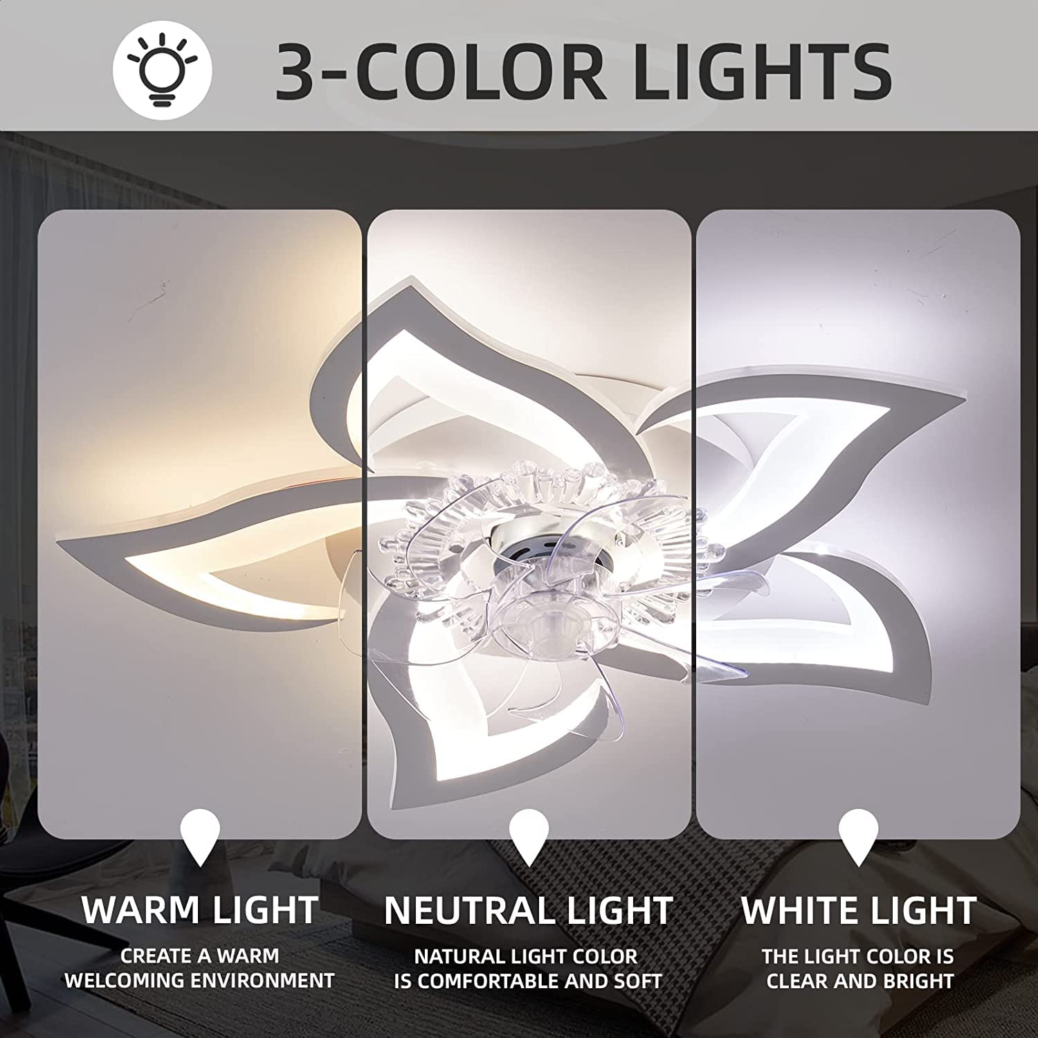 27.2‘’ Ceiling Fan with Lights and Remote Control, 5 Petals Modern Bladeless Flush Mount Fan Light, Low Profile 3 Switchable LED Light and Ultra Quiet 6 Gear Wind Speed, Ceiling Fan with Smart Timer