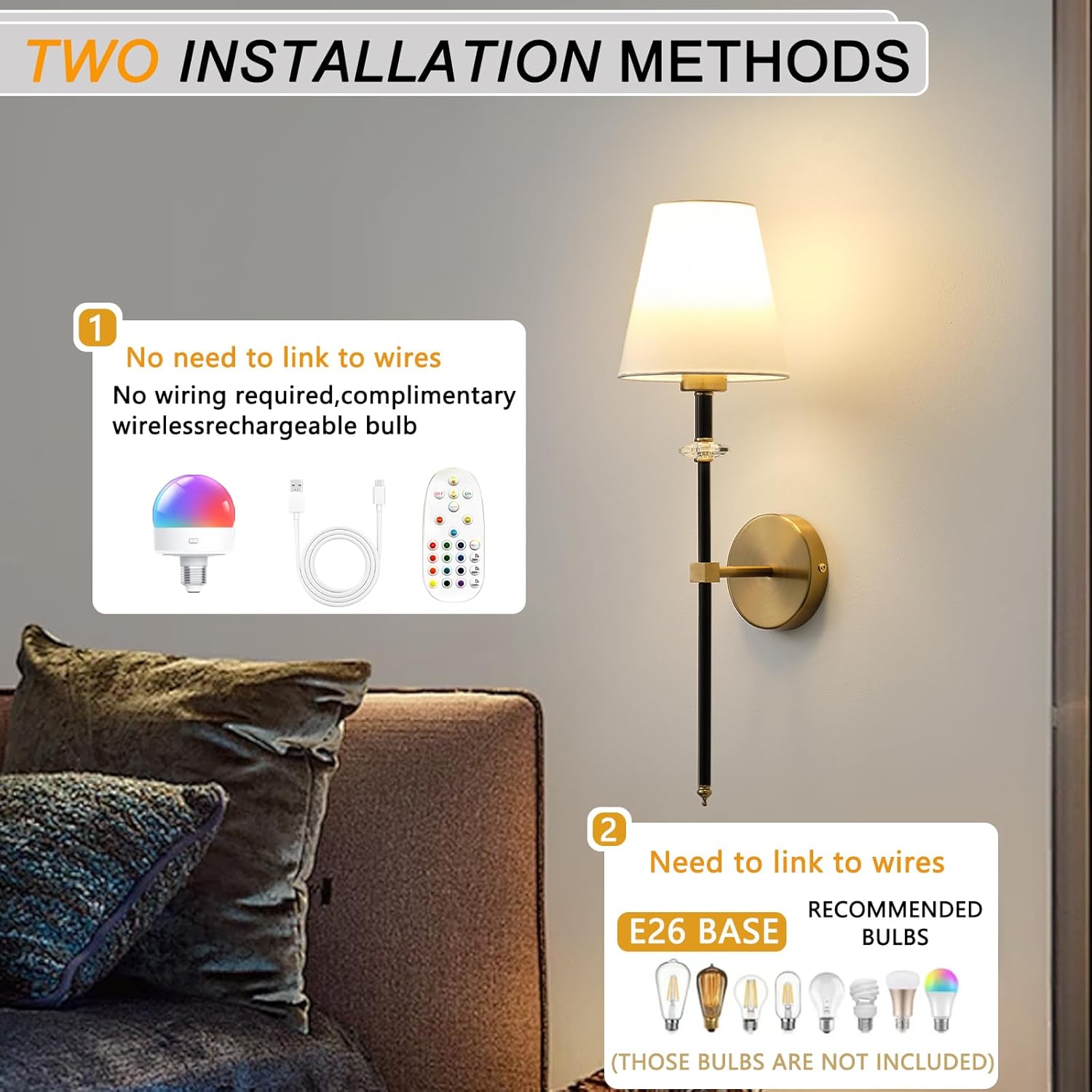 Battery Operated Wall Sconces Set of 2, Cordless Wall Lights with Rechargeable Bulbs and Remote, 15 Lighting Colors and Dimmable, Battery Powered Wall Lights for Bedroom Living Room, Gold