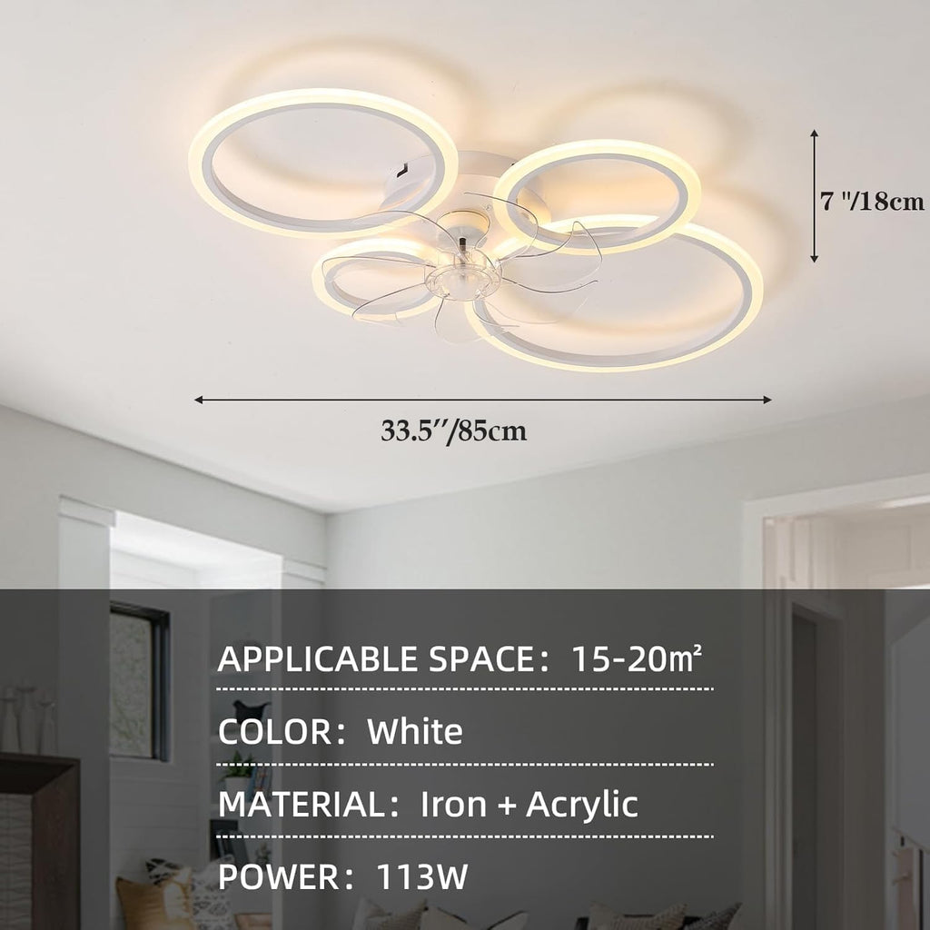 33.5'' Ceiling Fan with Light and Remote Control, Modern Low Profile Flush Mount Ceiling Fan Lights,3 Color 6 Speeds with Dimmable Light for Bedrooms, Living Rooms, Dining Rooms (4 circle-white)