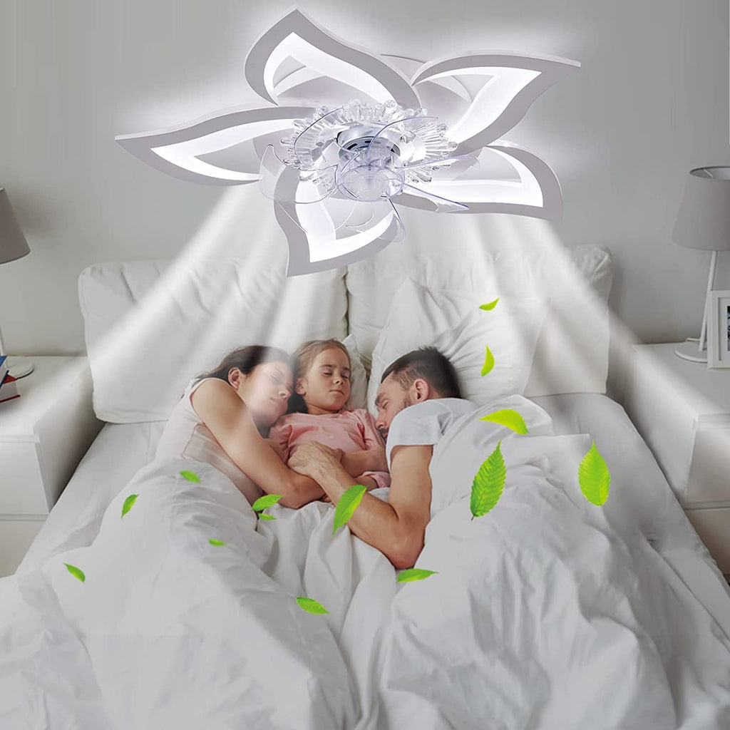 27.2‘’ Ceiling Fan with Lights and Remote Control, 5 Petals Modern Bladeless Flush Mount Fan Light, Low Profile 3 Switchable LED Light and Ultra Quiet 6 Gear Wind Speed, Ceiling Fan with Smart Timer