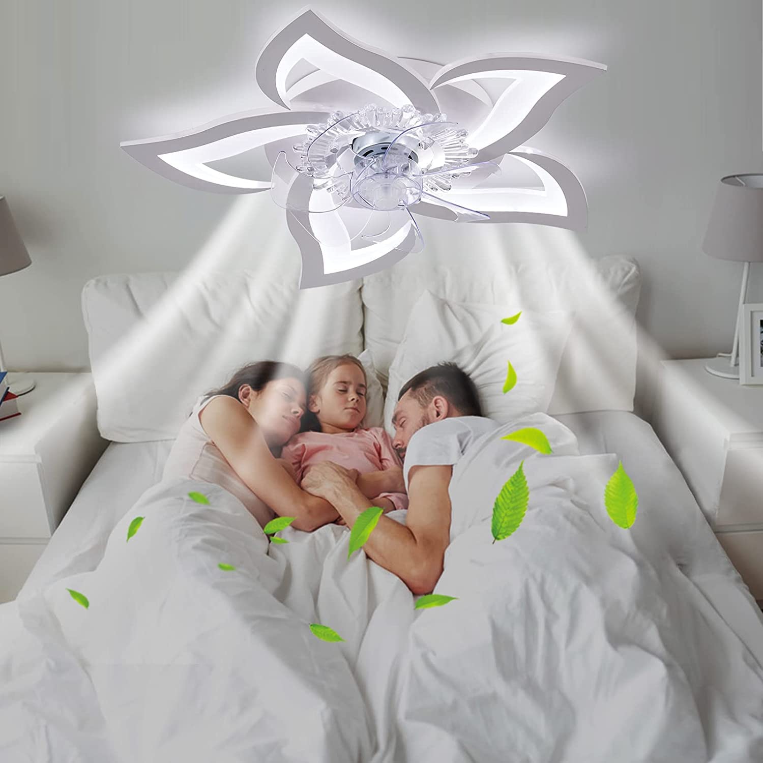 27.2‘’ Ceiling Fan with Lights and Remote Control, 5 Petals Modern Bladeless Flush Mount Fan Light, Low Profile 3 Switchable LED Light and Ultra Quiet 6 Gear Wind Speed, Ceiling Fan with Smart Timer