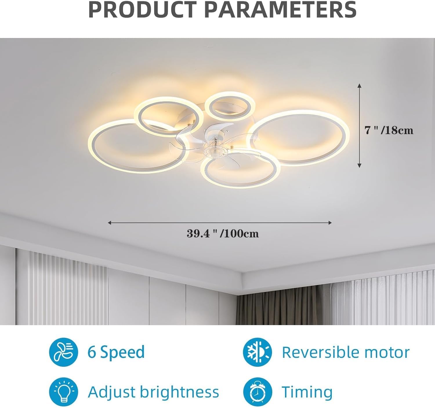 39.4'' Ceiling Fan with Light and Remote Control, Modern Large Low Profile Flush Mount Ceiling Fan Lights,3 Color 6 Speeds with Dimmable Light for Bedrooms, Living Rooms, Dining Rooms (5 circle-white)