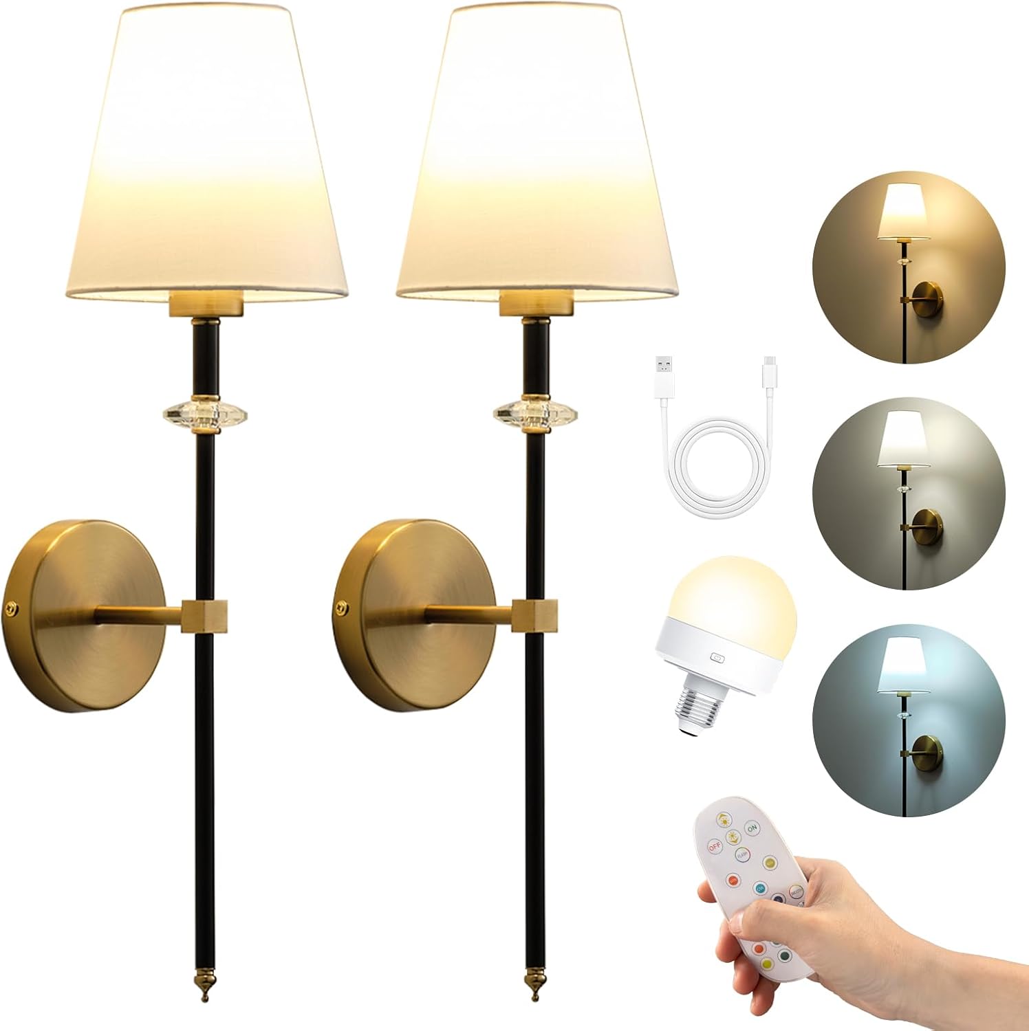 Battery Operated Wall Sconces Set of 2, Cordless Wall Lights with Rechargeable Bulbs and Remote, 15 Lighting Colors and Dimmable, Battery Powered Wall Lights for Bedroom Living Room, Gold