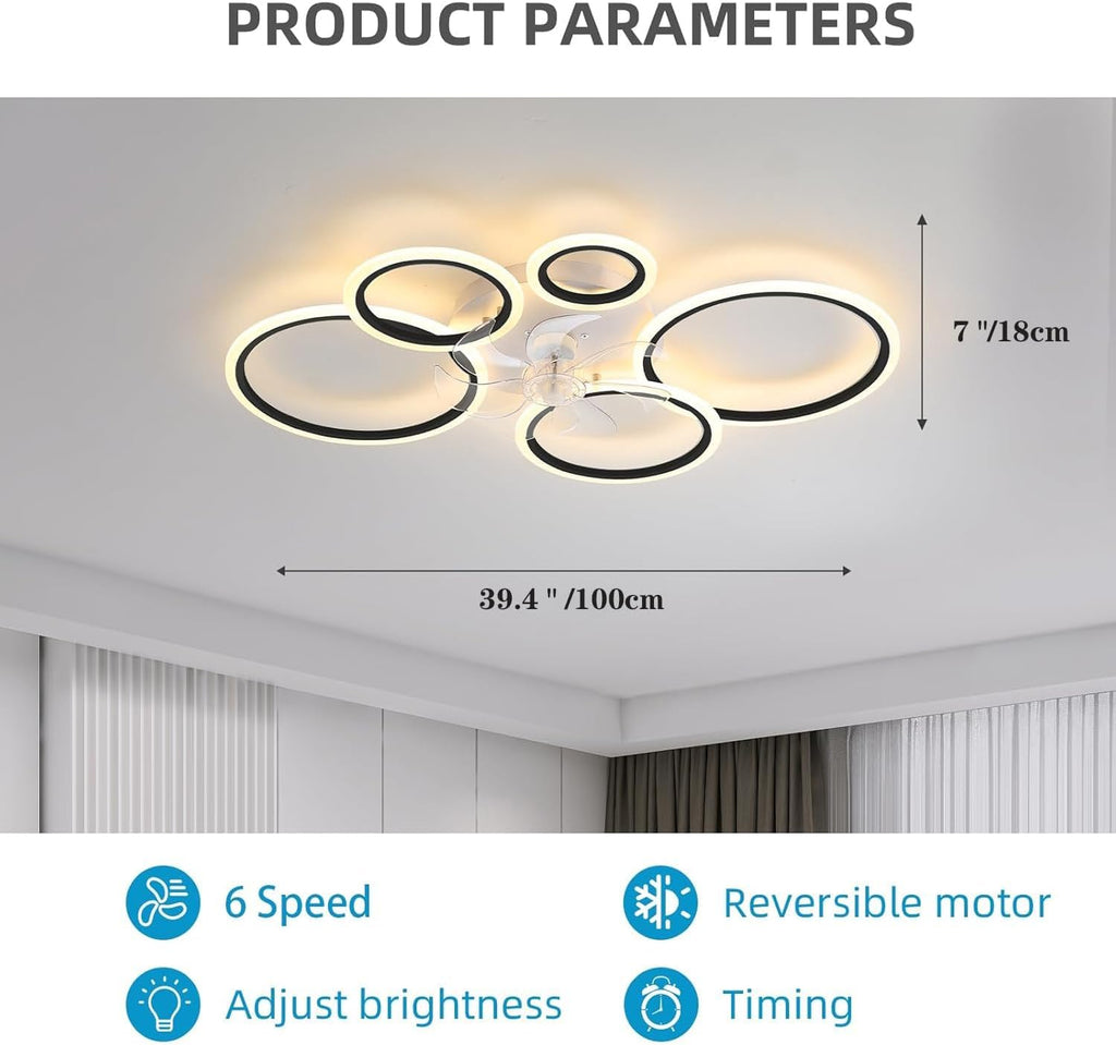 39.4'' Ceiling Fan with Light and Remote Control, Modern Large Low Profile Flush Mount Ceiling Fan Lights,3 Color 6 Speeds with Dimmable Light for Bedrooms, Living Rooms, Dining Rooms (5 circle-black)