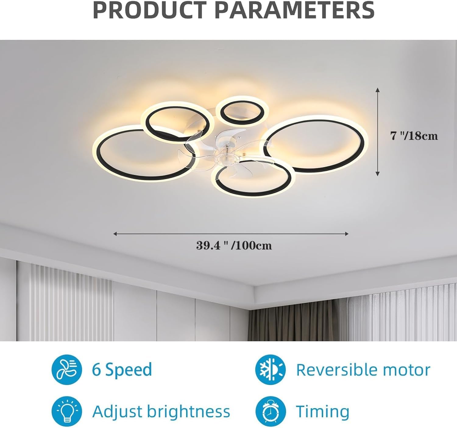 39.4'' Ceiling Fan with Light and Remote Control, Modern Large Low Profile Flush Mount Ceiling Fan Lights,3 Color 6 Speeds with Dimmable Light for Bedrooms, Living Rooms, Dining Rooms (5 circle-black)