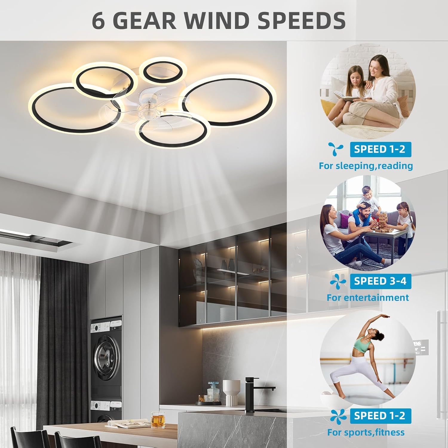 39.4'' Ceiling Fan with Light and Remote Control, Modern Large Low Profile Flush Mount Ceiling Fan Lights,3 Color 6 Speeds with Dimmable Light for Bedrooms, Living Rooms, Dining Rooms (5 circle-black)