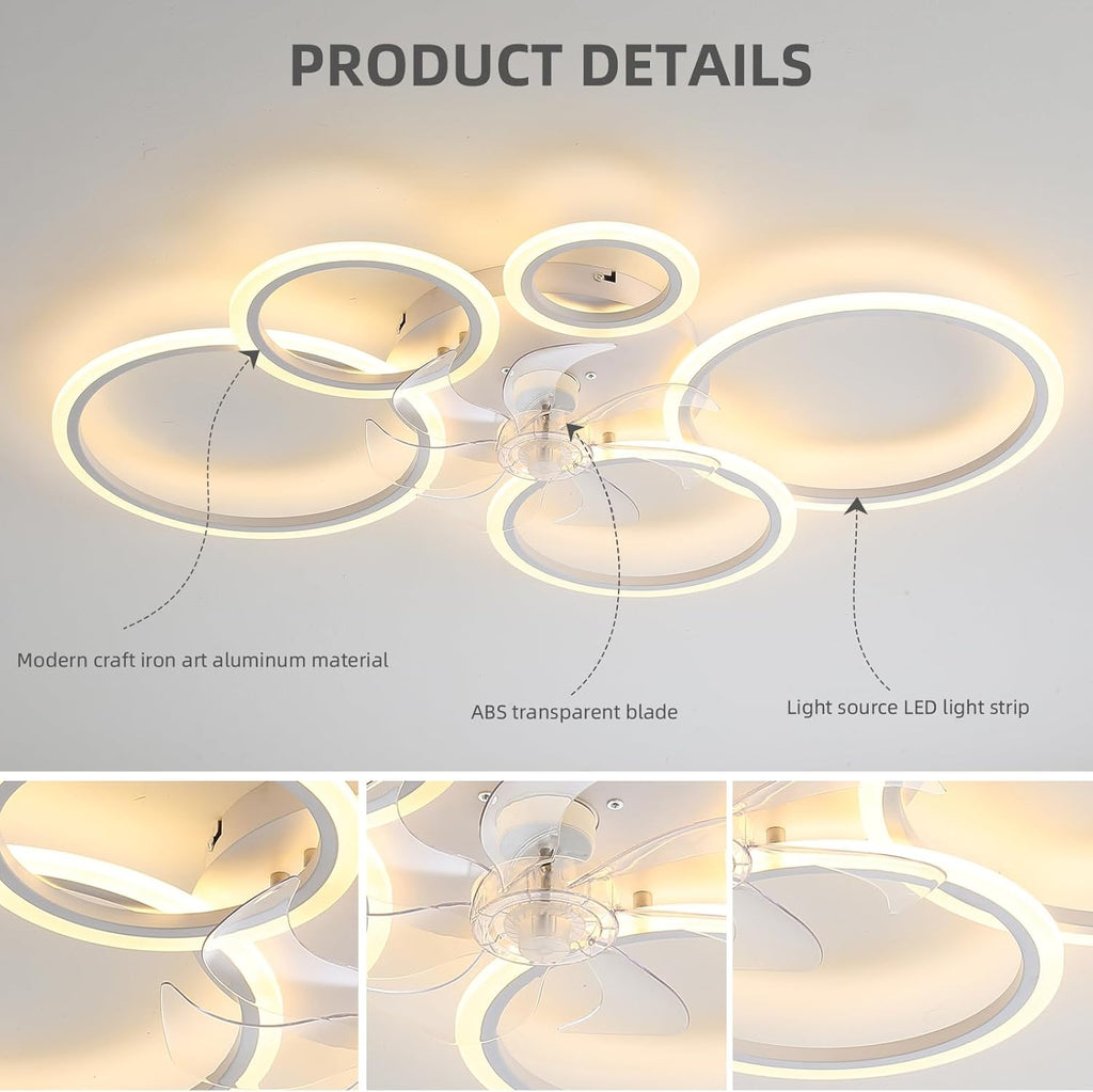 39.4'' Ceiling Fan with Light and Remote Control, Modern Large Low Profile Flush Mount Ceiling Fan Lights,3 Color 6 Speeds with Dimmable Light for Bedrooms, Living Rooms, Dining Rooms (5 circle-white)