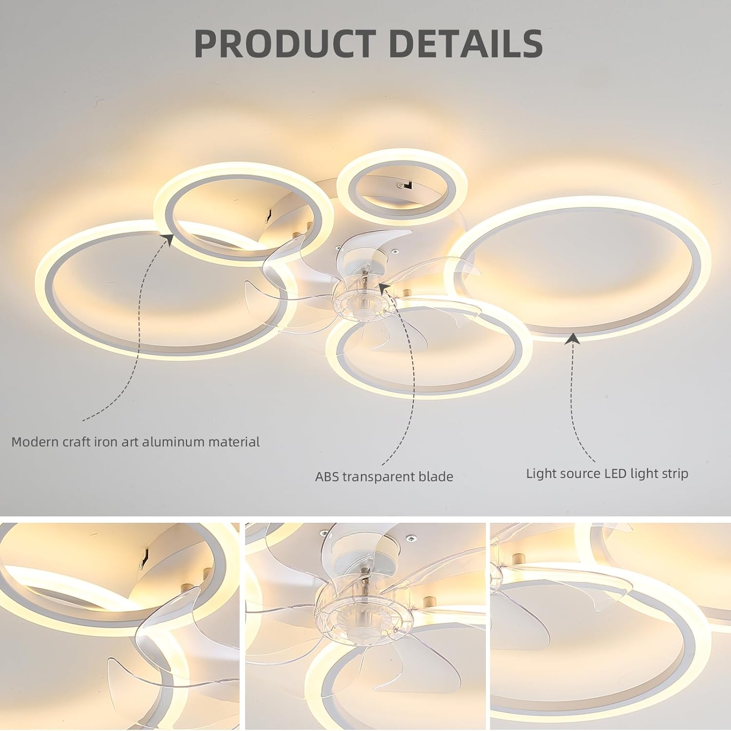 39.4'' Ceiling Fan with Light and Remote Control, Modern Large Low Profile Flush Mount Ceiling Fan Lights,3 Color 6 Speeds with Dimmable Light for Bedrooms, Living Rooms, Dining Rooms (5 circle-white)