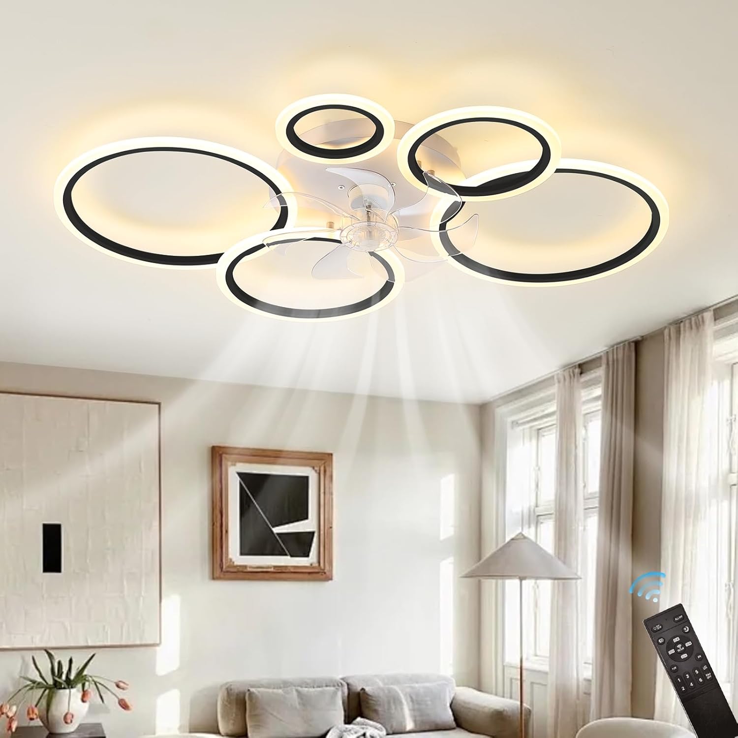 39.4'' Ceiling Fan with Light and Remote Control, Modern Large Low Profile Flush Mount Ceiling Fan Lights,3 Color 6 Speeds with Dimmable Light for Bedrooms, Living Rooms, Dining Rooms (5 circle-black)