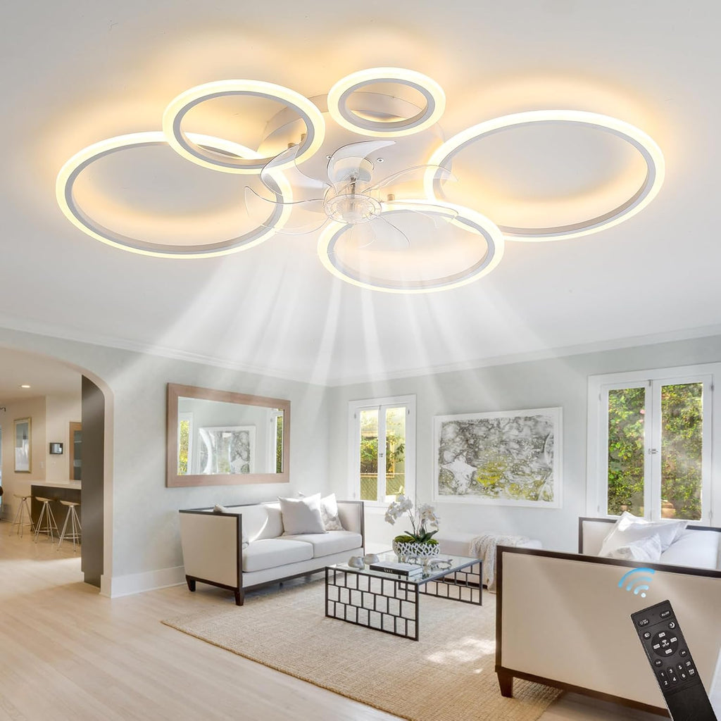 39.4'' Ceiling Fan with Light and Remote Control, Modern Large Low Profile Flush Mount Ceiling Fan Lights,3 Color 6 Speeds with Dimmable Light for Bedrooms, Living Rooms, Dining Rooms (5 circle-white)