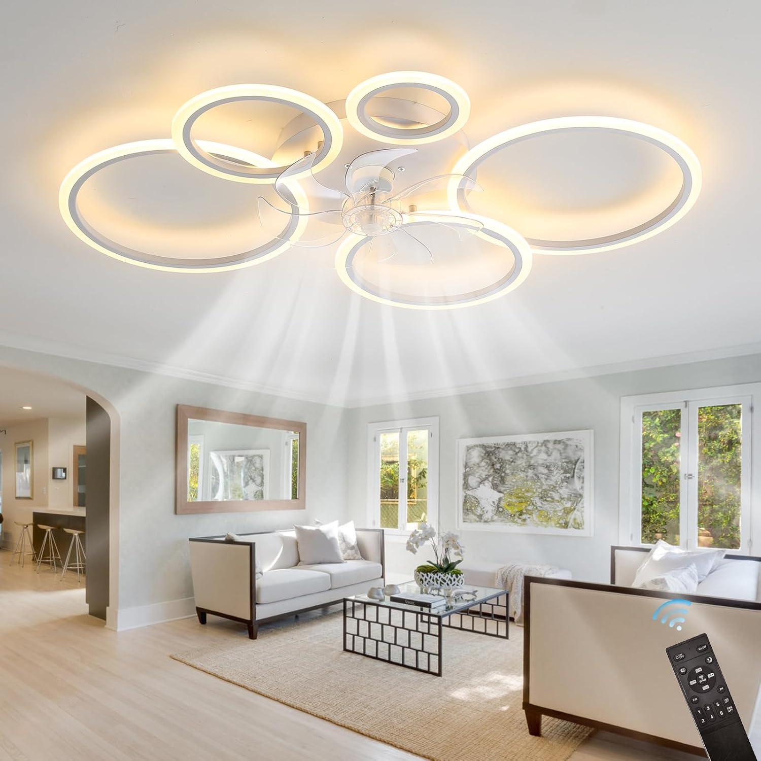 39.4'' Ceiling Fan with Light and Remote Control, Modern Large Low Profile Flush Mount Ceiling Fan Lights,3 Color 6 Speeds with Dimmable Light for Bedrooms, Living Rooms, Dining Rooms (5 circle-white)