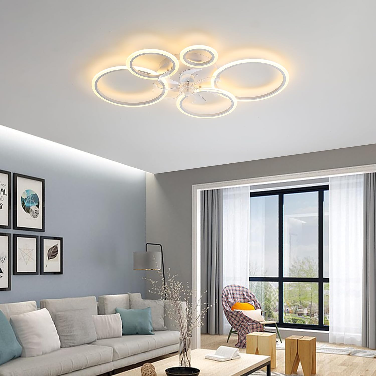 39.4'' Ceiling Fan with Light and Remote Control, Modern Large Low Profile Flush Mount Ceiling Fan Lights,3 Color 6 Speeds with Dimmable Light for Bedrooms, Living Rooms, Dining Rooms (5 circle-white)