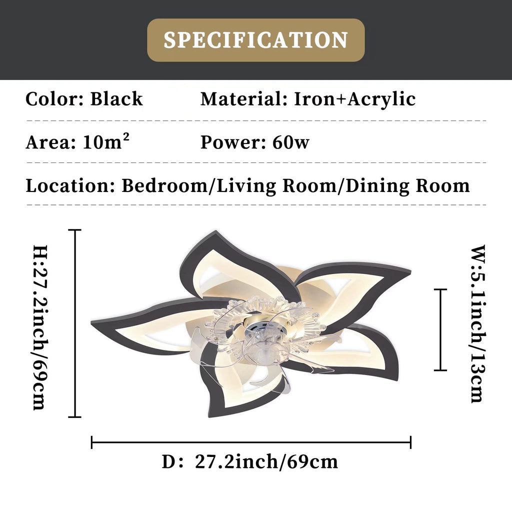 27.2‘’ Ceiling Fan with Lights and Remote Control, 5 Petals Modern Bladeless Flush Mount Fan Light, Low Profile 3 Switchable LED Light and Ultra Quiet 6 Gear Wind Speed, Ceiling Fan with Smart Timer