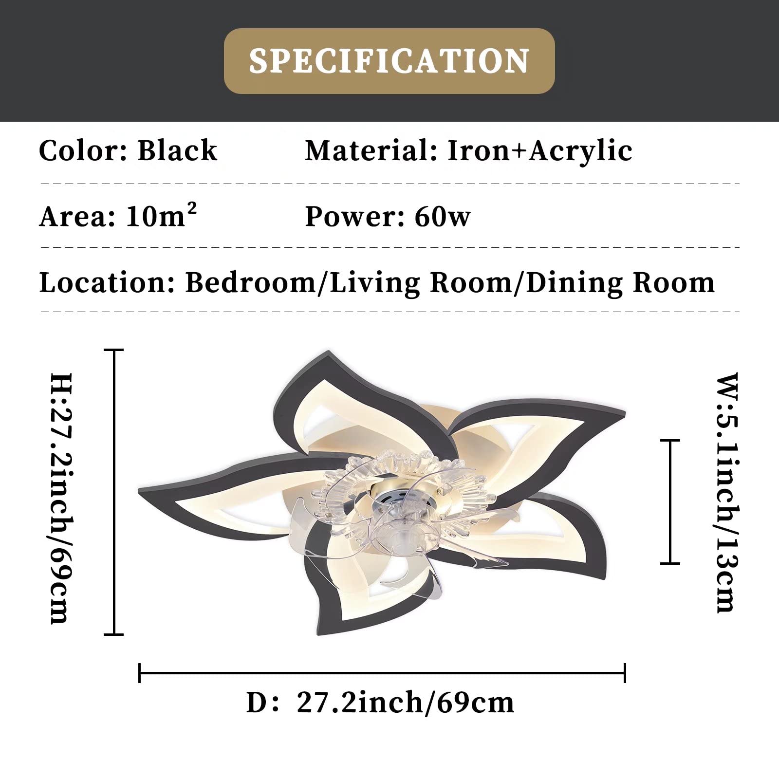 27.2‘’ Ceiling Fan with Lights and Remote Control, 5 Petals Modern Bladeless Flush Mount Fan Light, Low Profile 3 Switchable LED Light and Ultra Quiet 6 Gear Wind Speed, Ceiling Fan with Smart Timer