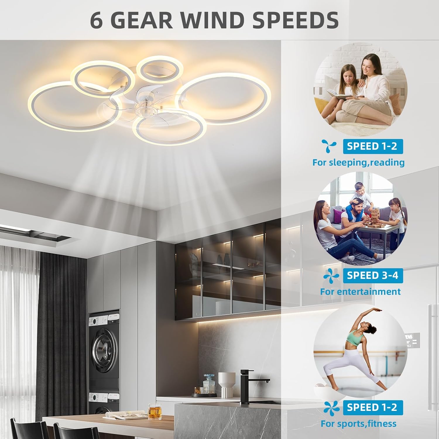39.4'' Ceiling Fan with Light and Remote Control, Modern Large Low Profile Flush Mount Ceiling Fan Lights,3 Color 6 Speeds with Dimmable Light for Bedrooms, Living Rooms, Dining Rooms (5 circle-white)