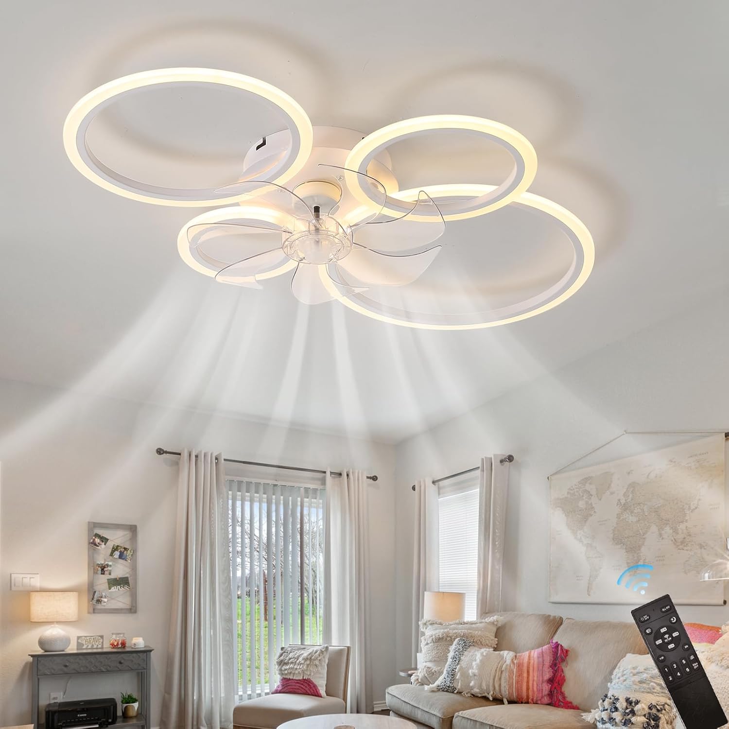 33.5'' Ceiling Fan with Light and Remote Control, Modern Low Profile Flush Mount Ceiling Fan Lights,3 Color 6 Speeds with Dimmable Light for Bedrooms, Living Rooms, Dining Rooms (4 circle-white)