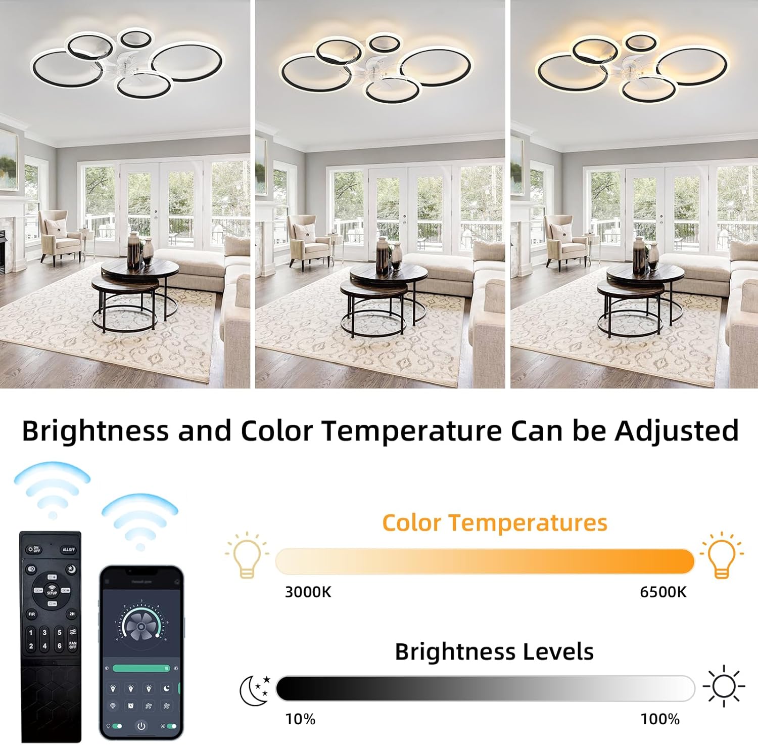 39.4'' Ceiling Fan with Light and Remote Control, Modern Large Low Profile Flush Mount Ceiling Fan Lights,3 Color 6 Speeds with Dimmable Light for Bedrooms, Living Rooms, Dining Rooms (5 circle-black)
