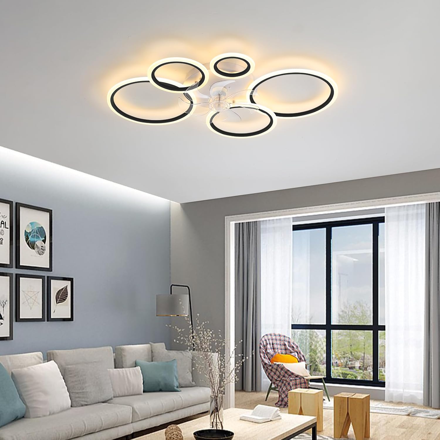 39.4'' Ceiling Fan with Light and Remote Control, Modern Large Low Profile Flush Mount Ceiling Fan Lights,3 Color 6 Speeds with Dimmable Light for Bedrooms, Living Rooms, Dining Rooms (5 circle-black)