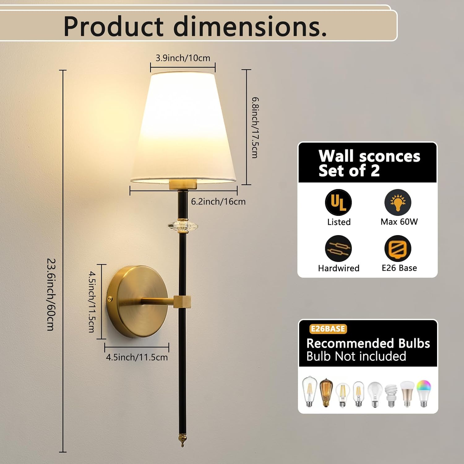 Battery Operated Wall Sconces Set of 2, Cordless Wall Lights with Rechargeable Bulbs and Remote, 15 Lighting Colors and Dimmable, Battery Powered Wall Lights for Bedroom Living Room, Gold